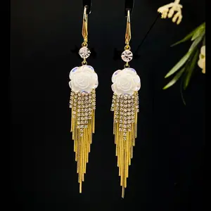 Camellia Flower Tassel Earrings for Women 2026, Elegant Luxury Design, Sparkling Statement Jewelry DZEH4596