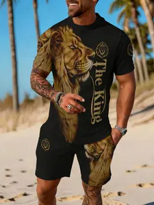 Men's Summer Lion Print Crew Neck Short Sleeve T-Shirt and Shorts Set, lightweight, quick-drying, breathable, perfect for outdoor fishing, cycling, running, or beach vacations