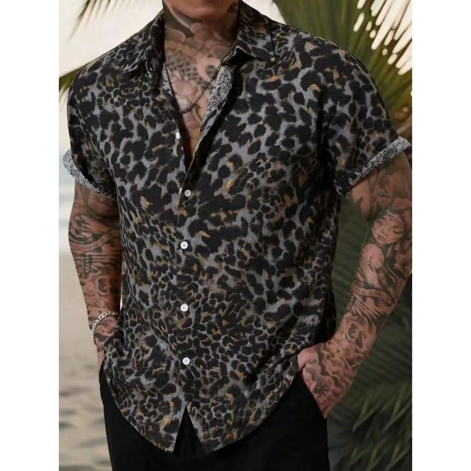 Men's Casual Leopard Print Button-Up Shirt - Short-Sleeve Collared Breathable Fabric Top for Holiday Vacation,back to school,back to school shopping, Shortsleeve, Menswear