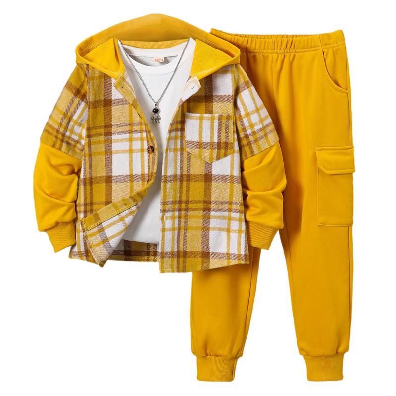 2-Piece Boys' Flannel Plaid Shirt & Pants Set with Hoodie Sweatshirt Suitable for Fall, Winter, and Spring Ages 4-12 2-Piece Boys' Flannel Plaid Shirt & Pants Set with Hoodie Sweatshirt Suitable for Fall, Winter, and Spring Ages 4-12