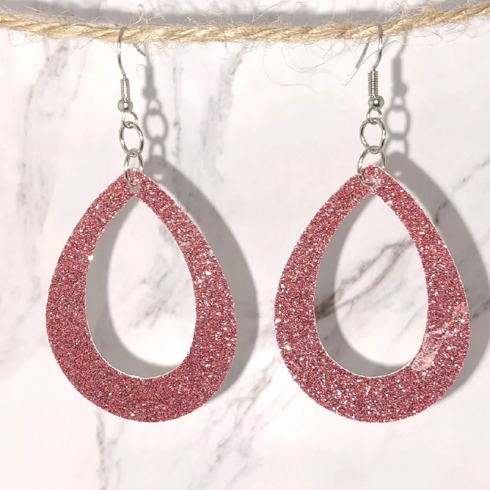 Faux Leather Glitter Teardrop Earrings - Pink Sparkle Dangle Earrings for Women - Fashionable Jewelry Accessories
