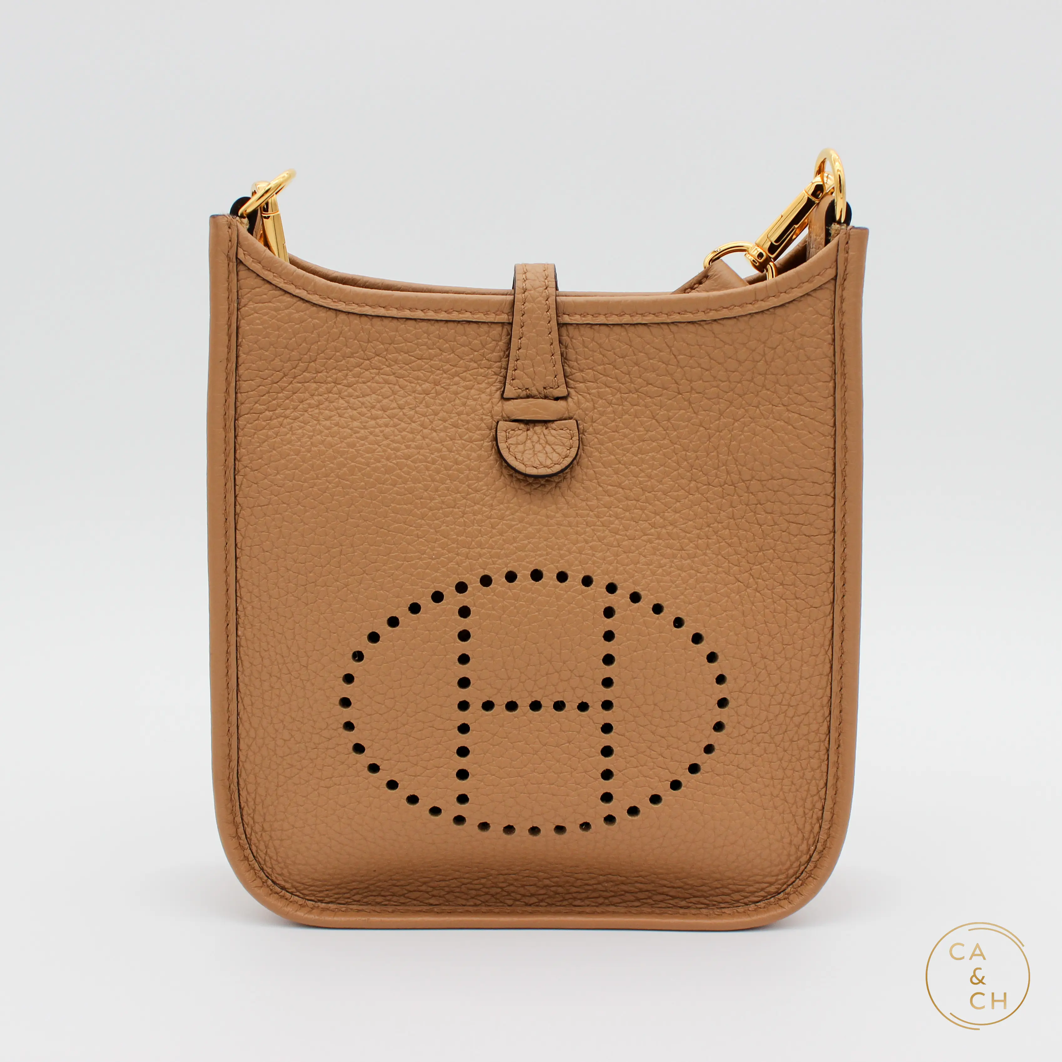 Pre-owned HERMÈS Taurillon Clemence Crossbody Bags Evelyne Mini 16 in Chai with gold hardware crossbody bag Hermes