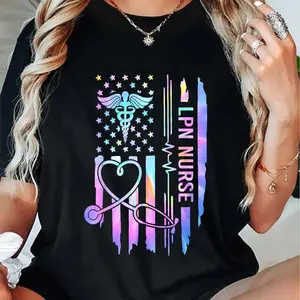 100% Cotton Customizable LPN & RN T-Shirt - Soft, Crew Neck, with USA Flag Design - Perfect for Nurses & Healthcare Professionals