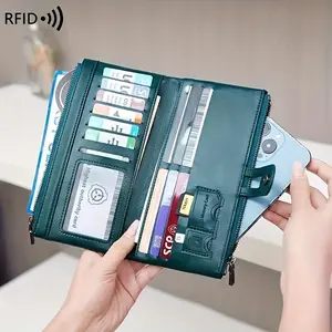 RFID Blocking Retro Large Capacity Long Wallet PU Leather Solid Color Women's Purse Multi,Functional Zipper Wallet Passport Ticket Credit Card Holder Can Accommodate Large Screen Phone