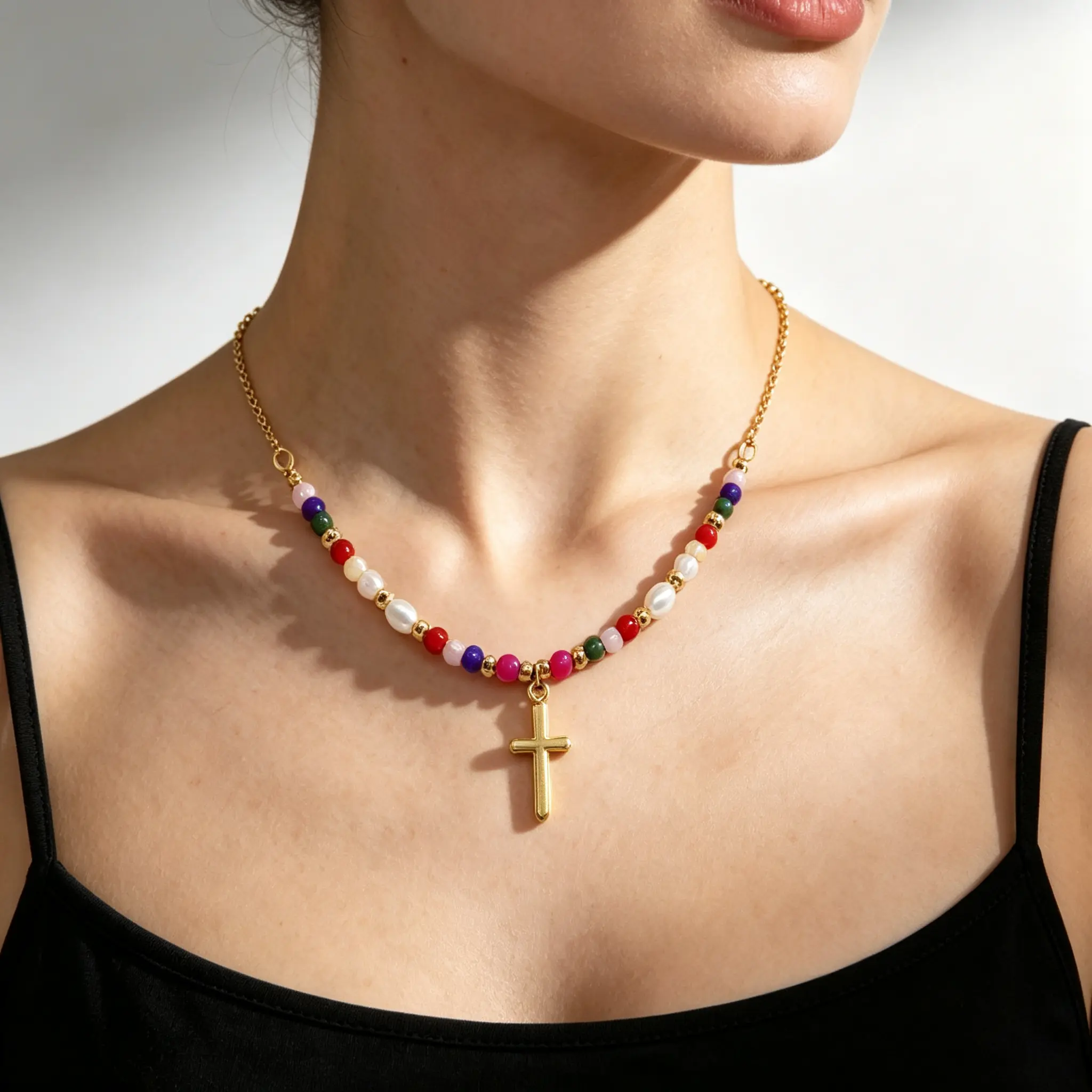 Women's Colorful Beaded Cross Necklace, Dainty Faith Cross Necklace, Hypoallergenic Faith Jewelry, Perfect for Daily Outfits Church & Festivals jesus elegant pendant