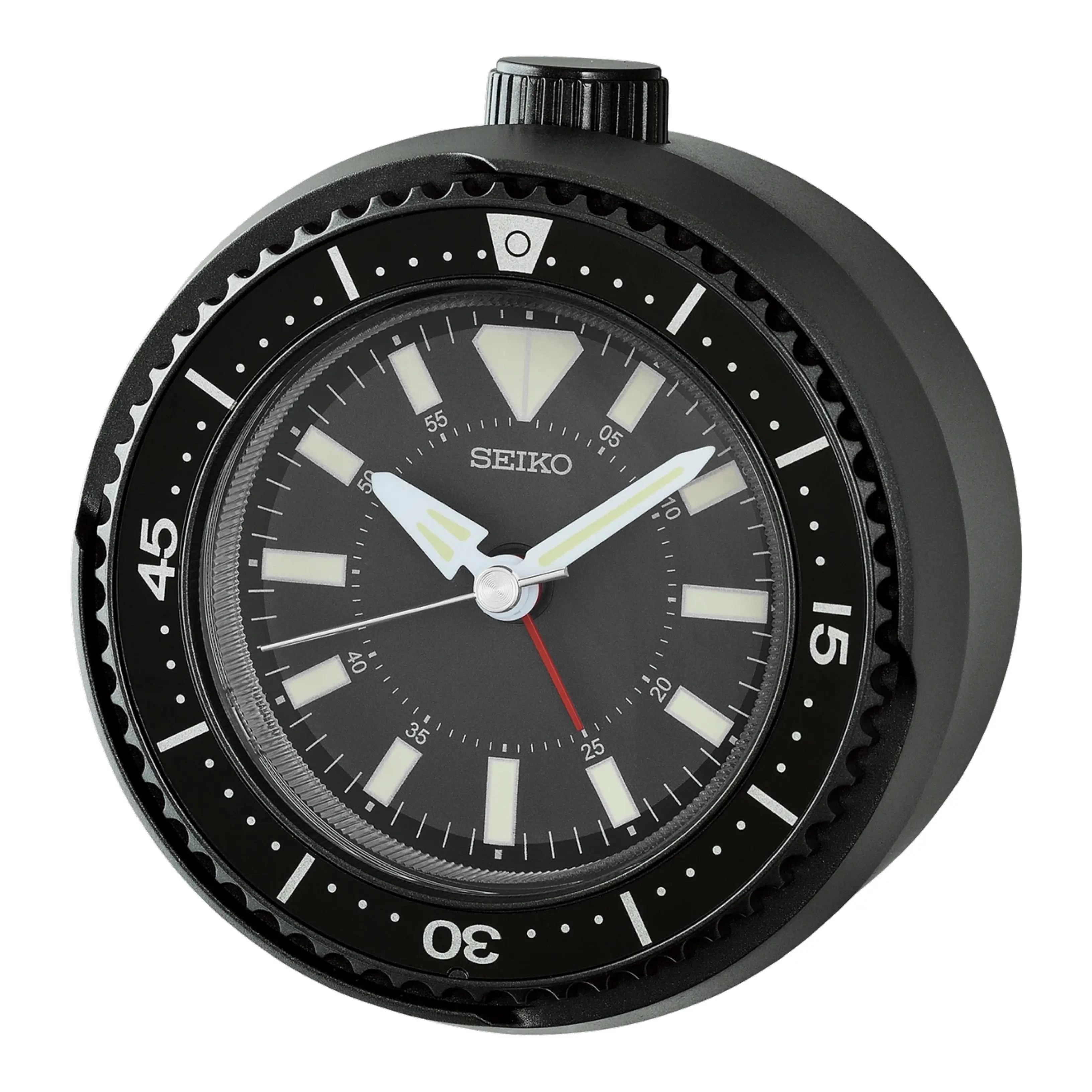 Seiko QHE207KLH "Mai Modern Watch Dial" Black Heritage Design Luminous Desk & Alarm Clock with Rotating Bezel