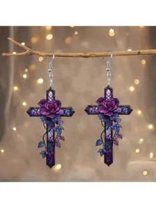 Purple Rose Cross Acrylic Sun Pendant, Birthday & Anniversary Jewelry Earrings, Purple Earrings Dangles