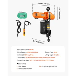 VEVOR 2200 lbs Electric Chain Hoist, 20 ft Lifting Height, 120V Single Phase Overhead Crane with 15 ft Wired Remote Control, G100 Chain Electric Lift Hoist for Factories, Warehouses, Garages