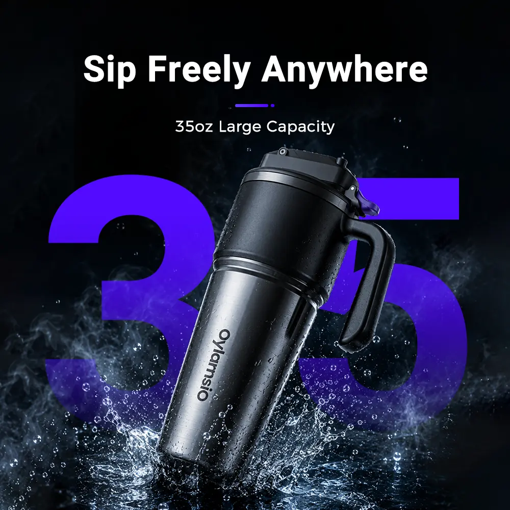 30oz Insulated Stainless Steel Tumbler Water Bottle - BPA-Free, Leak-Proof, with Built-In Straw, Side Handle and Lid, for Travel, Sports, Camping