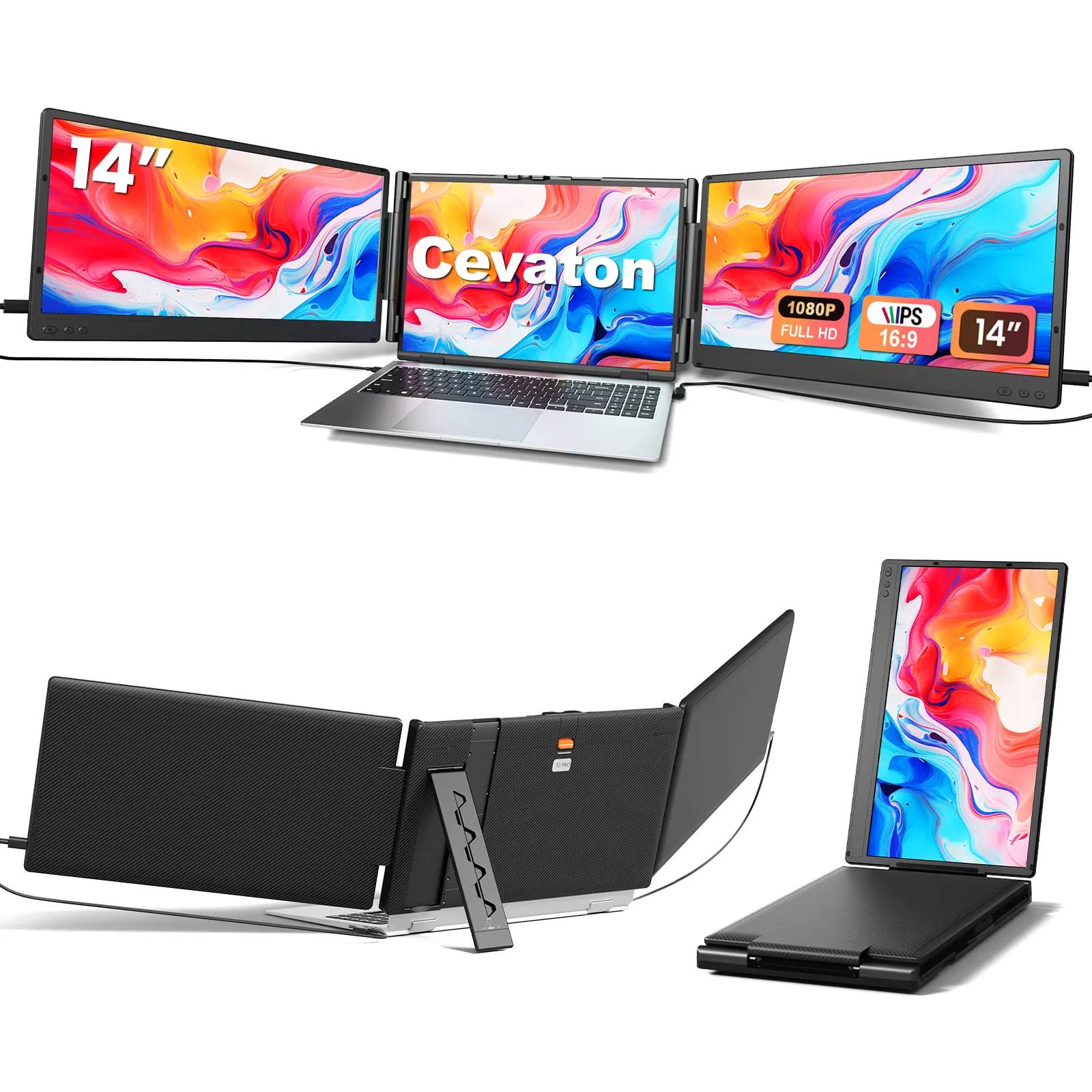 Cevaton 14" Dual Laptop Screen Extender for Premium & Pro Laptops, Portable Monitor for 13.3"-17" Laptops, Requires HDMI + USB-C Display Support & Dual External Displays, Not for Entry-Level Laptops, Pre-Sale Compatibility Check Available, 4.1 lbs