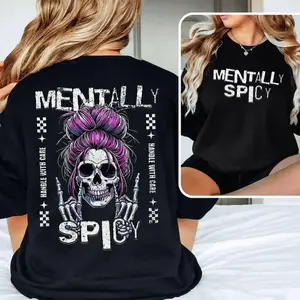 Mentally Spicy Hoodie Sassy Skull with Purple Messy Bun and Skeleton Hands Funny Unisex Sweatshirt with Handle With Care Vibes for Spicy Souls Black Long Sleeve Pullover K