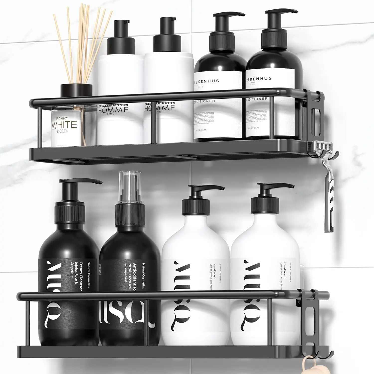 Adhesive Shower Caddy 2 Pack, Rustproof Shower Organizer Shelves, Large Capacity Bathroom Storage Rack, No Drill Wall Mounted Shower Shelf, Self Adhesive Bathroom Organiser for Home