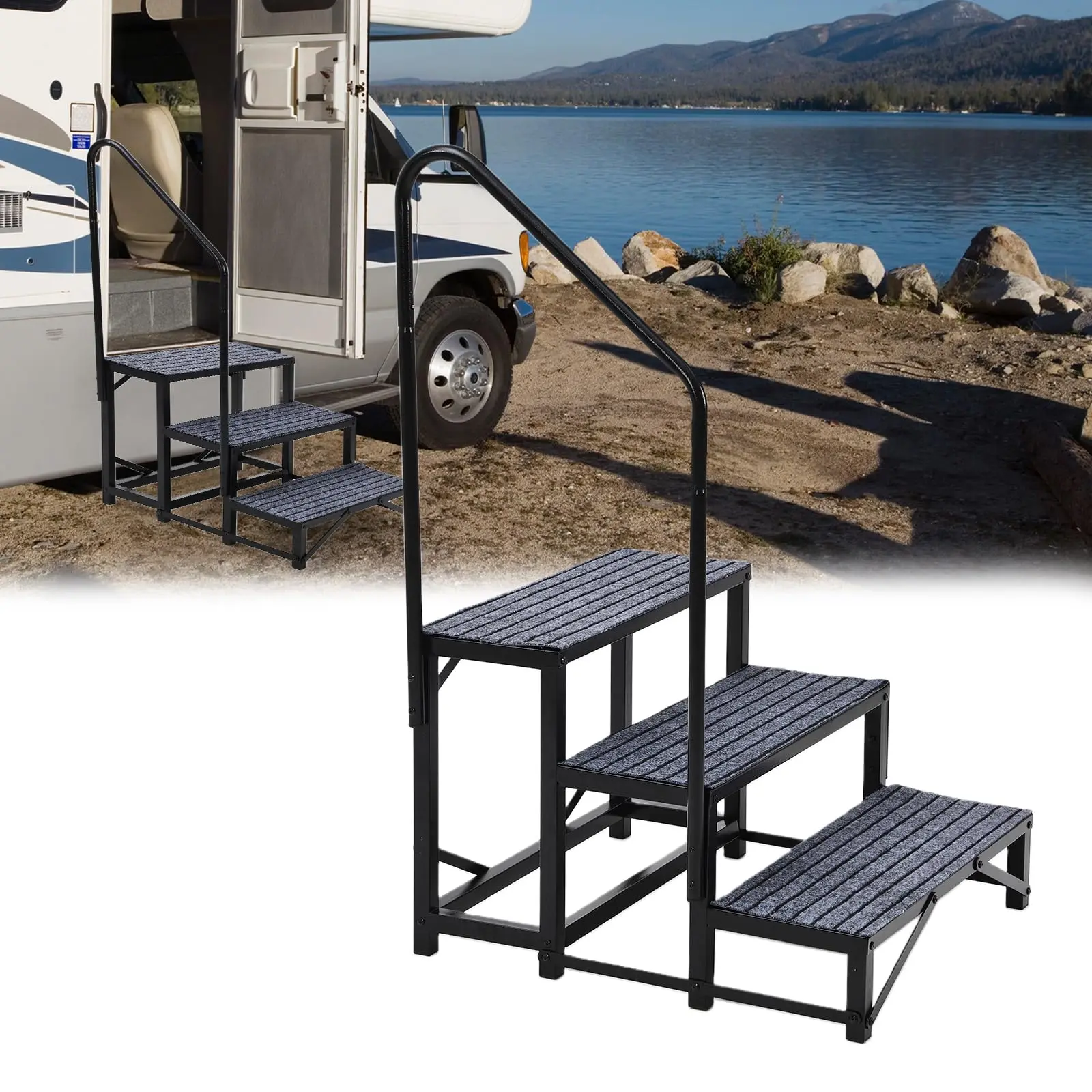 Garvee Heavy-Duty Steel 3-Step RV Steps with Single Secure Handrail, Deep-Groove Grip Non-Slip Mats, 660 lbs Cap., Folds for Travel, Hot Tub Safe Outdoor Access Ladder for Travel Trailer, Camper