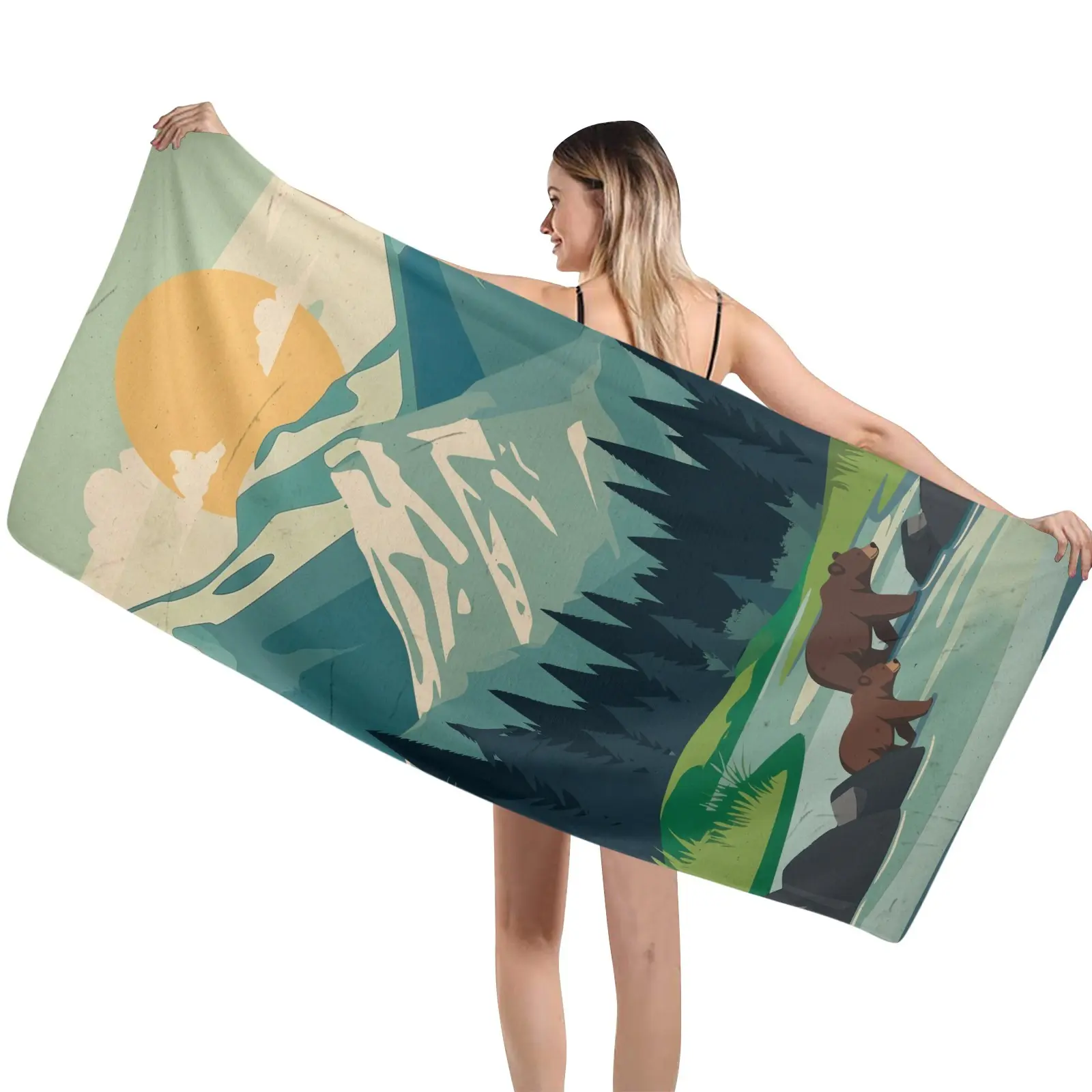 Camping Mountain Bear Print Beach Towel Picnic Blanket Gym Towel Travel Towel Absorbent Microfiber Towel Large for Adults Small for Kids Portable Towel for Beach Swimming Hiking Yoga Road Trips Home