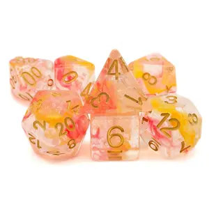 7-Piece Glittered Swirled Peach Resin DnD Dice Set - Orange-Pink Swirl RPG Dice with Gold Numbers, Packaged in Black Velvet Bag