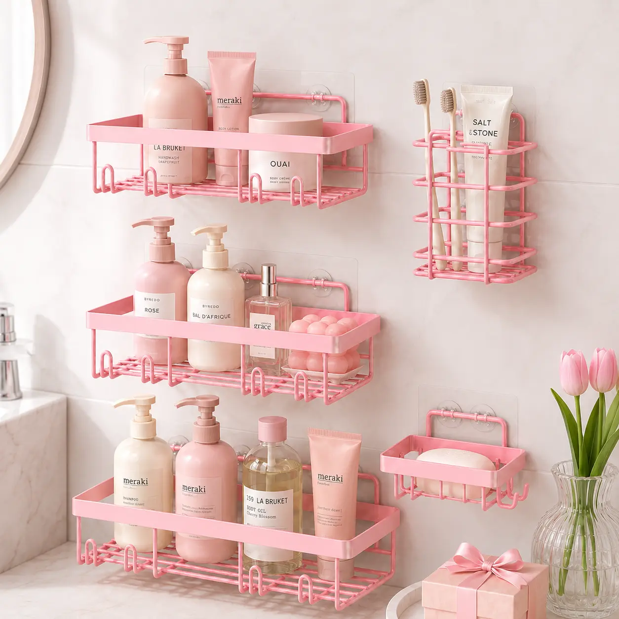 5-Pack No-Drill Adhesive Tape-Mounted Metal Shower Caddy Storage Rack with Free Bonus Hanging Hooks, Detachable Pad-Included Shelf, Multi-Purpose for Bathroom & Kitchen, Space-Saving Home Decor (Black & Pink)