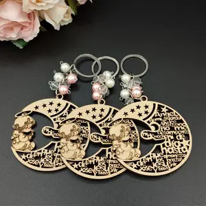 LUOKASI 12pcs Angel Girl In Moon Wooden Key Chains Perfect For Baptism | Baby Shower | Wedding | Mother's Day | Party Gift Recuerdos De Bautizo