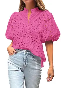 BTFBM Womens Casual Summer Blouse 2026 Hollow Out Eyelet Embroidery Tops V Neck Buttons Puff Short Sleeve Boho Shirts