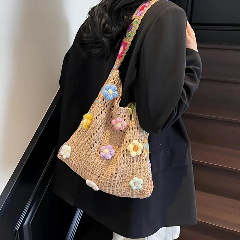 Boho National Style Bag Woman 2026 New Hollow Knit Shoulder Bag Lazy Wind Large Capacity Crossbody Bag