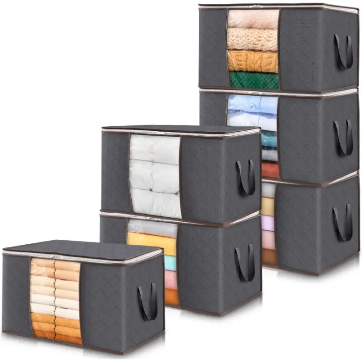 6 Pack Clothes Storage Bins with Lids, Foldable Fabric Storage Bags with Clear Window & Zippers, 60L Closet Organizer for Clothes, Blankets, Comforters, Bedding & Sweaters Steel Container