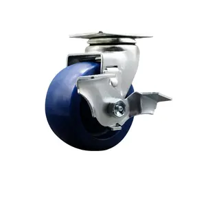 212 MAIN SCC-20S420-SPUR-TLB Lockable Swivel Top Plate Caster, Blue, 4 in. x 2 in. Solid Polyurethane Furniture Moving Wheel with Roller Bearing, Lockable Wheels
