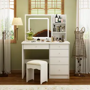 FUFU&GAGA (QC) Large Vanity Desk Set with Sliding Lighted Mirror, Makeup Dressing Table Hidden Shelves & Cushioned Stool, Stool Set Modern Wood Dresser