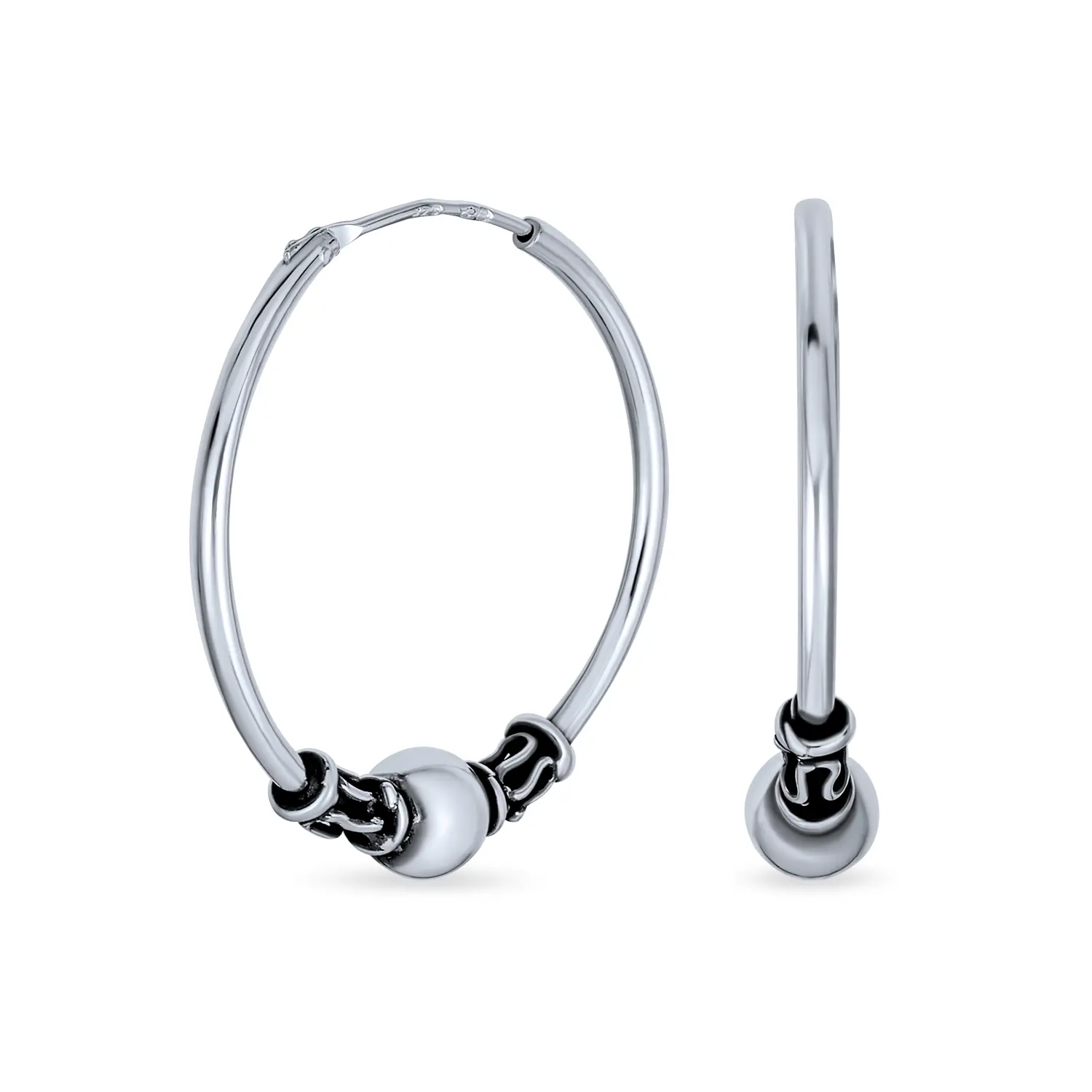 Balinese Bead Bali Endless Hoop Earrings 1" Oxidized .925 Sterling Silver