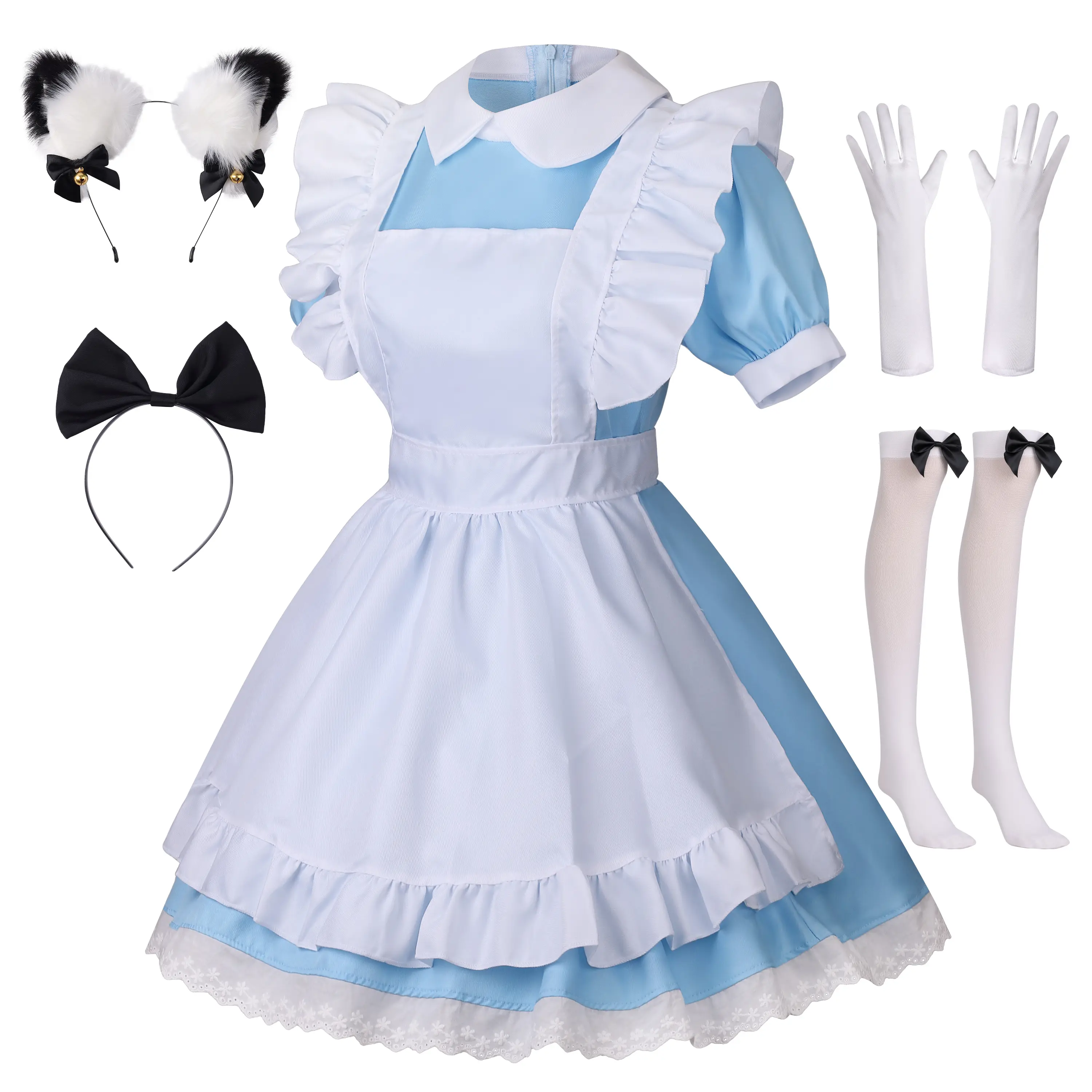 Women's Cute Lace Lolita French Maid Dress 6-Pcs Costume Set with Apron, Gloves, Headband, Socks for Halloween, Anime Cosplay, Party & Cosplayer Accessories