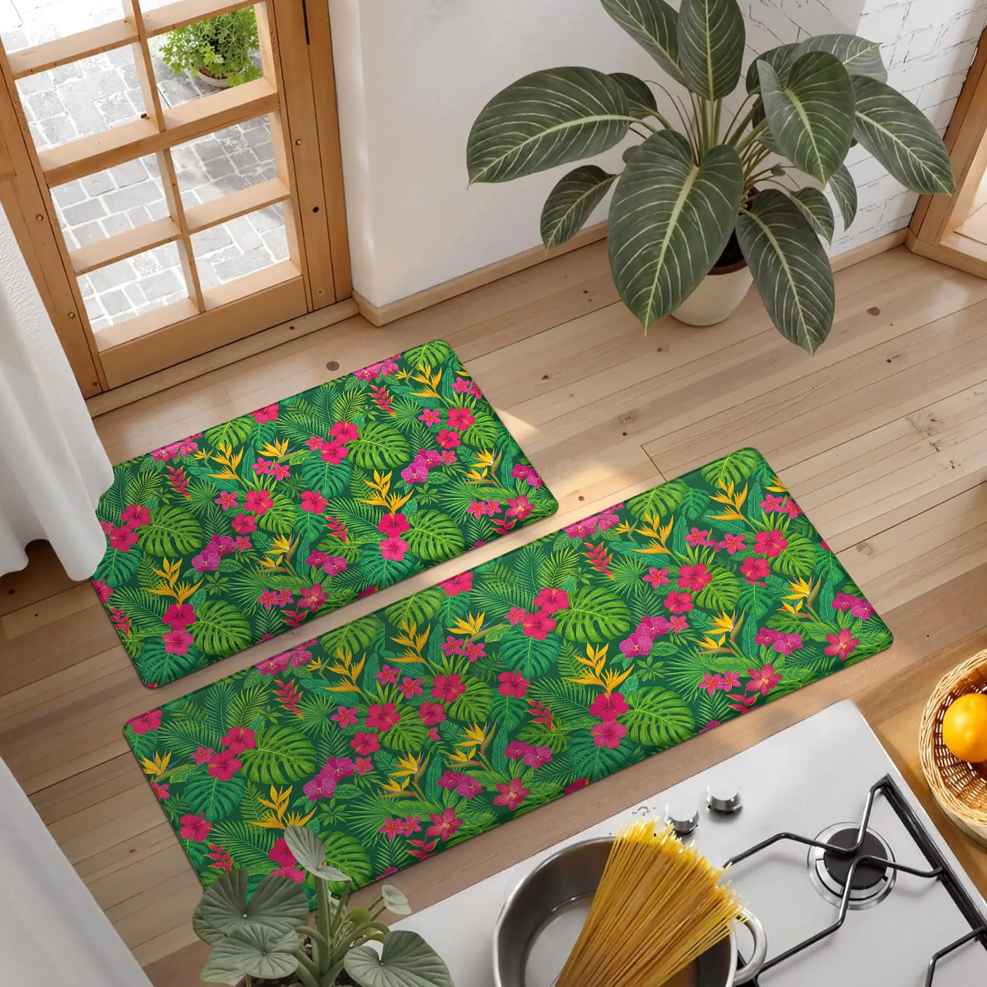 Tropical Hibiscus Palm Leaf Kitchen Rugs Sets of 2, Anti Fatigue Cushioned Memory Foam Floor Mats, Non Slip Waterproof Runner Mats for Sink, Laundry and Standing Desk
