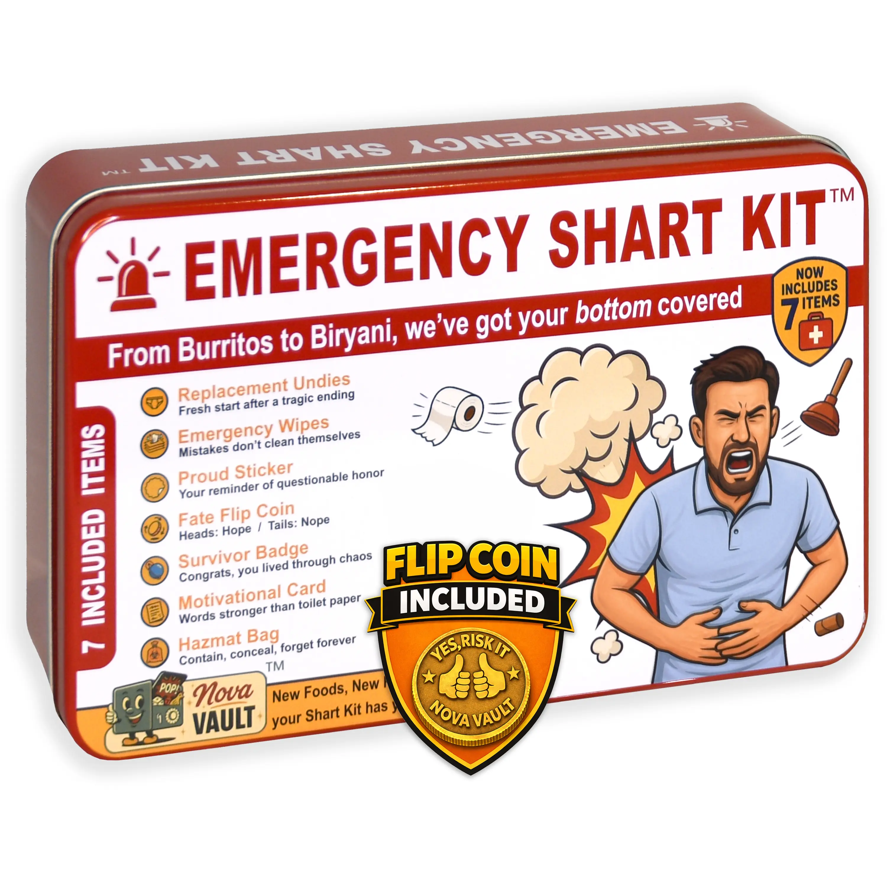 Funny Emergency Shart Kit by Nova Vault - Includes Wet Wipes, Undies, Flip Coin, Stickers, Jokes, Badge, Bag. Ultimate Prank Poop Fart Friends and Family Novelty Gag Gift