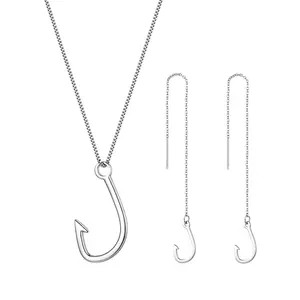 OIDEA Hook Tassel Pendant Necklace and Earrings Set for Women Stainless Steel, Polished Charm 18 Inch with Extender, Minimalist Jewelry Set
