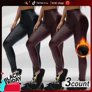 TCVC High Waist Tummy Control Leggings - Solid Black Leather Comfy Pants for Yoga Gym Running & Fall Winter Sportswear