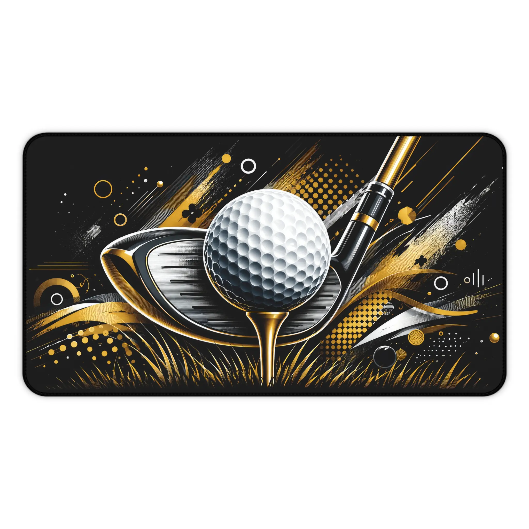 Golf Club and Ball Desk Mat | Golf-themed Mouse Pad, Black Gold Sports Design