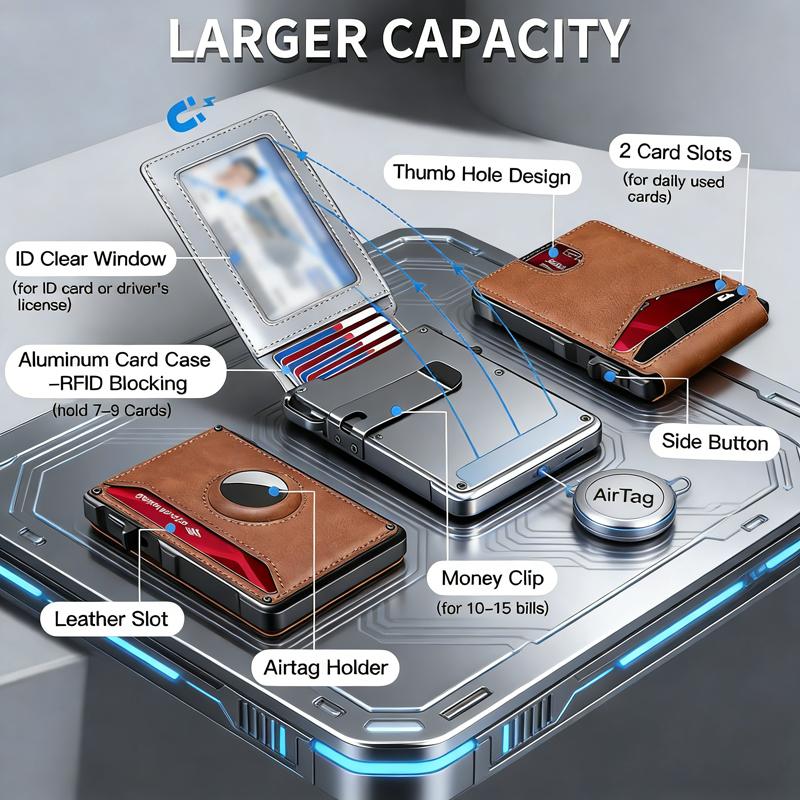 Minimalist Men’s Slim Wallet: 9-13 Cards, Money Clip, ID Window. RFID-Blocking, Aluminum Bifold Pop - Up(AirTag Not Included)Business Multi-Card Slot Wallet Casual Trendy Wallet for Work & Daily Use, Birthday Gift for Son, Thanksgiving Gifts, Holiday Gift