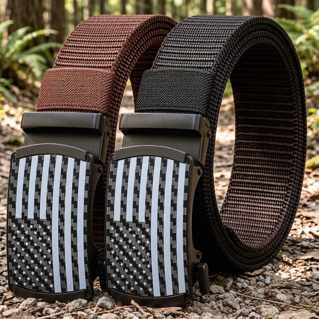 Men’s heavy-duty nylon woven ratchet belt; adjustable belt with a hole-free sliding ratchet buckle; ideal for casual wear and jeans; a high-quality belt made from durable nylon  New automatic buckle belt