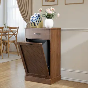 njnj Single Tilt Out Trash Can Cabinet for 13 Gallon Garbage Can, Hidden Recycle Garbage Bin Enclosure, Dog Proof Recycling Cabinet for Kitchen, Living Room, Bedroom, Bathroom, Laundry Room (Brown)