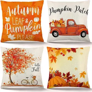 Fall Decor Throw Pillows Set of 4, 18 X 18 Inch Farmhouse Decorative Pillow Covers for Autumn