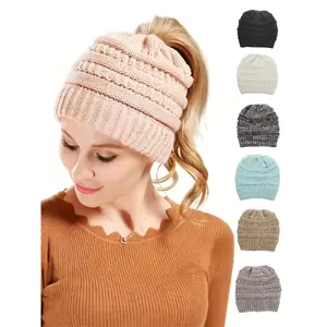 Winter Warm Knitted Hat with Ponytail Hole, Unisex Beanie Cap for Women & Men, Perfect Gift for Mom Girlfriend, Multiple Colors Available