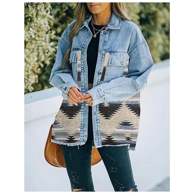 Women'S Vintage Western Jeans Jacket - Long Sleeve Button-front coat with, Non-Symmetric Patchwork design in Blue/Red/Beige/Black/White/Gray/, Mid-Length Transitional Jacket for Spring/Fall Casual Formal Outfits - Retro Western Style Outerwear, Denim Jack