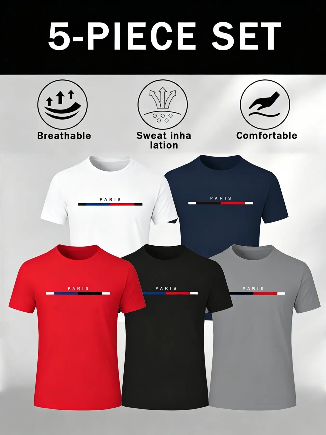 5-Pack Men's Moisture-Wicking Short Sleeve T-Shirts, Paris Letter Print, Striped Neckline, Summer Outdoor, Beach, Training, Casual Wear, Menswear, Streetwear