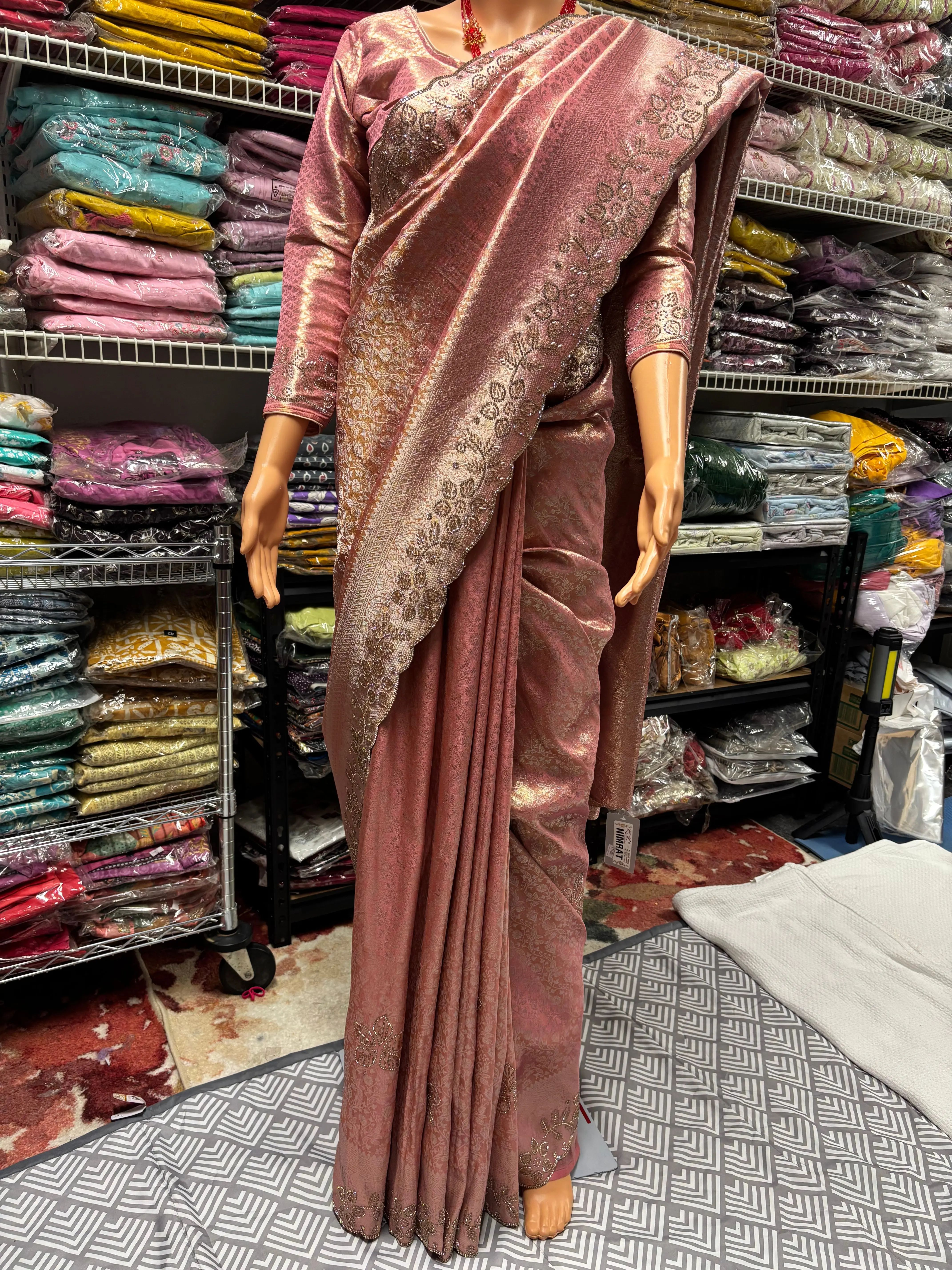 Banarasi Silk Saree with Rihno stone and glass beads worked