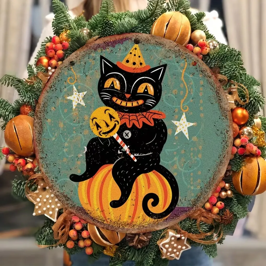Vintage Cute Halloween Cat & Pumpkin Decorative Wooden Sign, Fall Decor, Festive Decoration, Party Decoration, Perfect Home Decor for Indoor Outdoor Use, Multi-Functional Wall Art Hanging Decoration, Ornaments