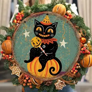 Vintage Halloween Cat & Pumpkin Wooden Sign, Perfect Home Decor for Indoor Outdoor Use, Multi-Functional Wall Art Hanging Decoration, Ornaments