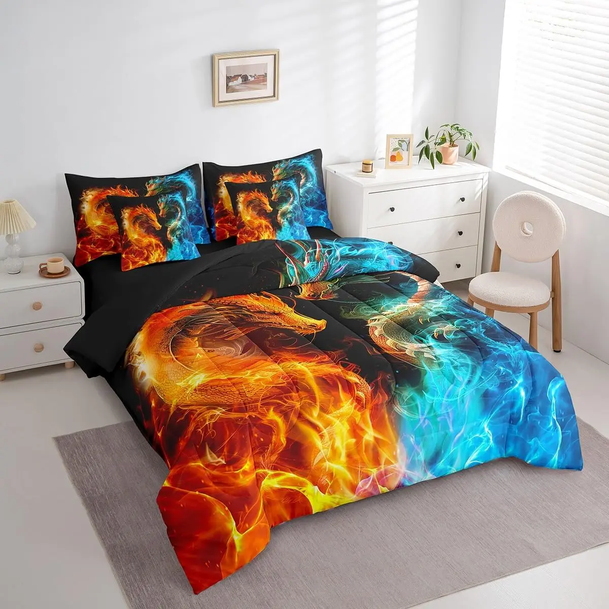 Feelyou 7-Piece Fire and Ice Dragon Couple Full Bedding Set - Western-Style Breathable Comforter with Sheets, Wild Animal Themed Decorative Bedding Set for Bedroom