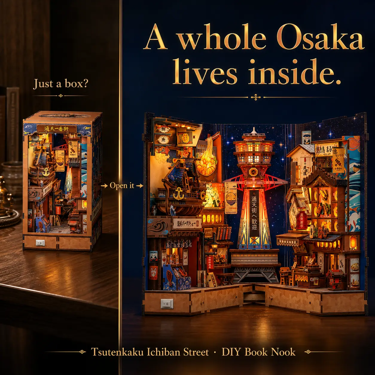 Tsutenkaku Ichiban Street DIY Book Nook Kit, 370-Piece Japanese Osaka Miniature Dollhouse with LED Light, 3D Wooden Puzzle Bookshelf Insert, No Glue Craft Gift for Adults & Teens 14+