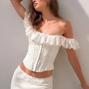 Women's Corset Off-Shoulder Tops Trendy Eyelets Ruffles Tie up Shirts Blouses for Going out Streetwear
