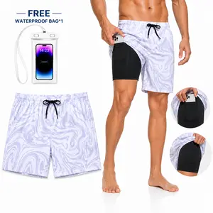 Mens Swim Trunks with Compression Liner 7" Quick Dry Board Shorts, Fashion Shorts for Men Summer2in1shorts Workout Beach Shorts with Phone Pocket, Big and Tall Athletic Training Gym Yoga Sport Shorts Marble Print