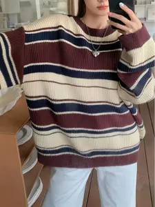 Women's Fall Winter Striped Loose Round Neck Long Sleeve Casual Sweater Knitwear, Comfortable Knit Top for Autumn and Winter Fashion