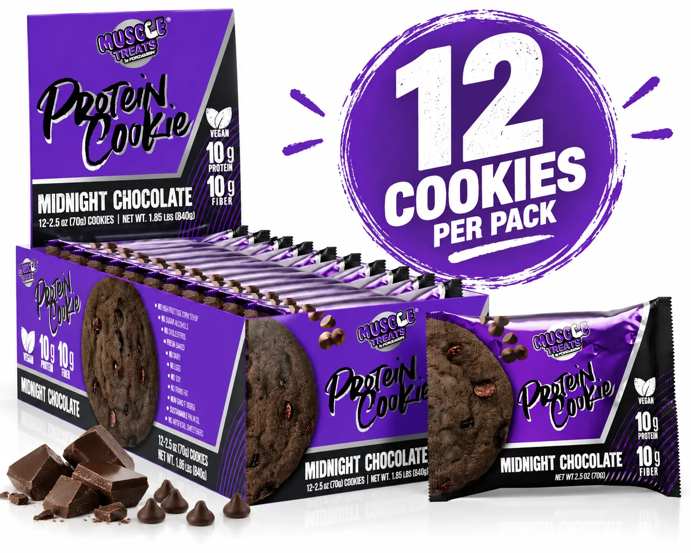 Forzagen Plant-Based Protein Cookies, Midnight Chocolate Flavor, 12-Pack with Coconut Oil & 10G Protein Per Cookie
