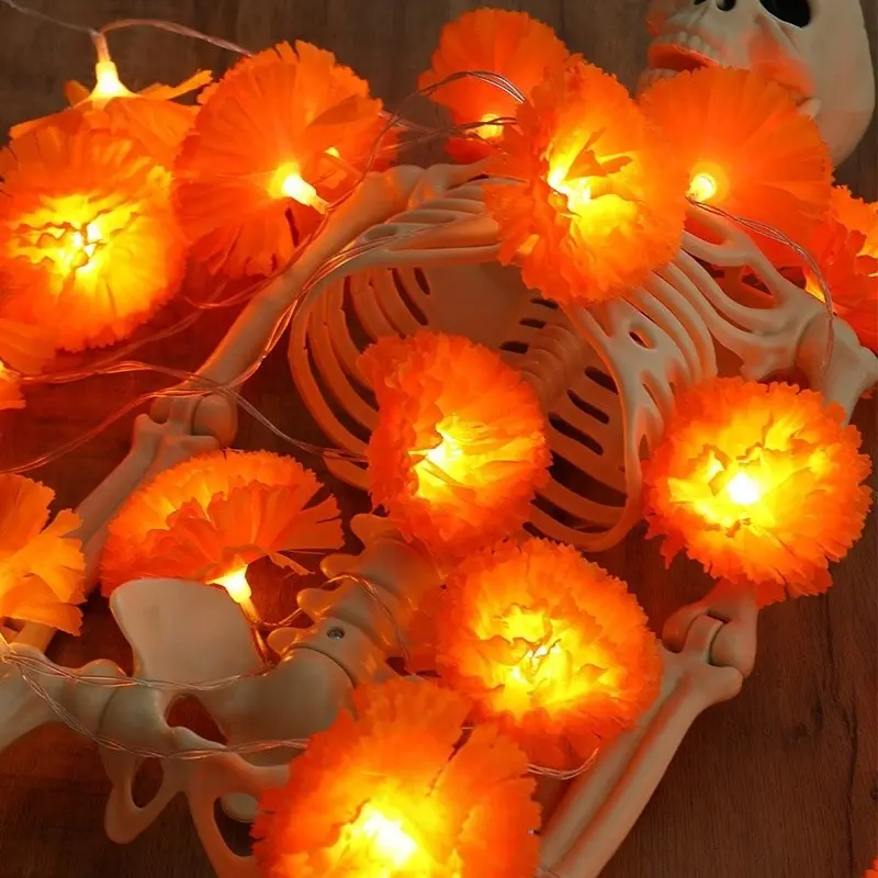 【Back to School】3m Mexican Marigold Flower String Lights, 20 Flashing Orange LED Cempasuchil Style Garland, Battery Powered Day of the Dead Altar Halloween Fall Decor-MM1